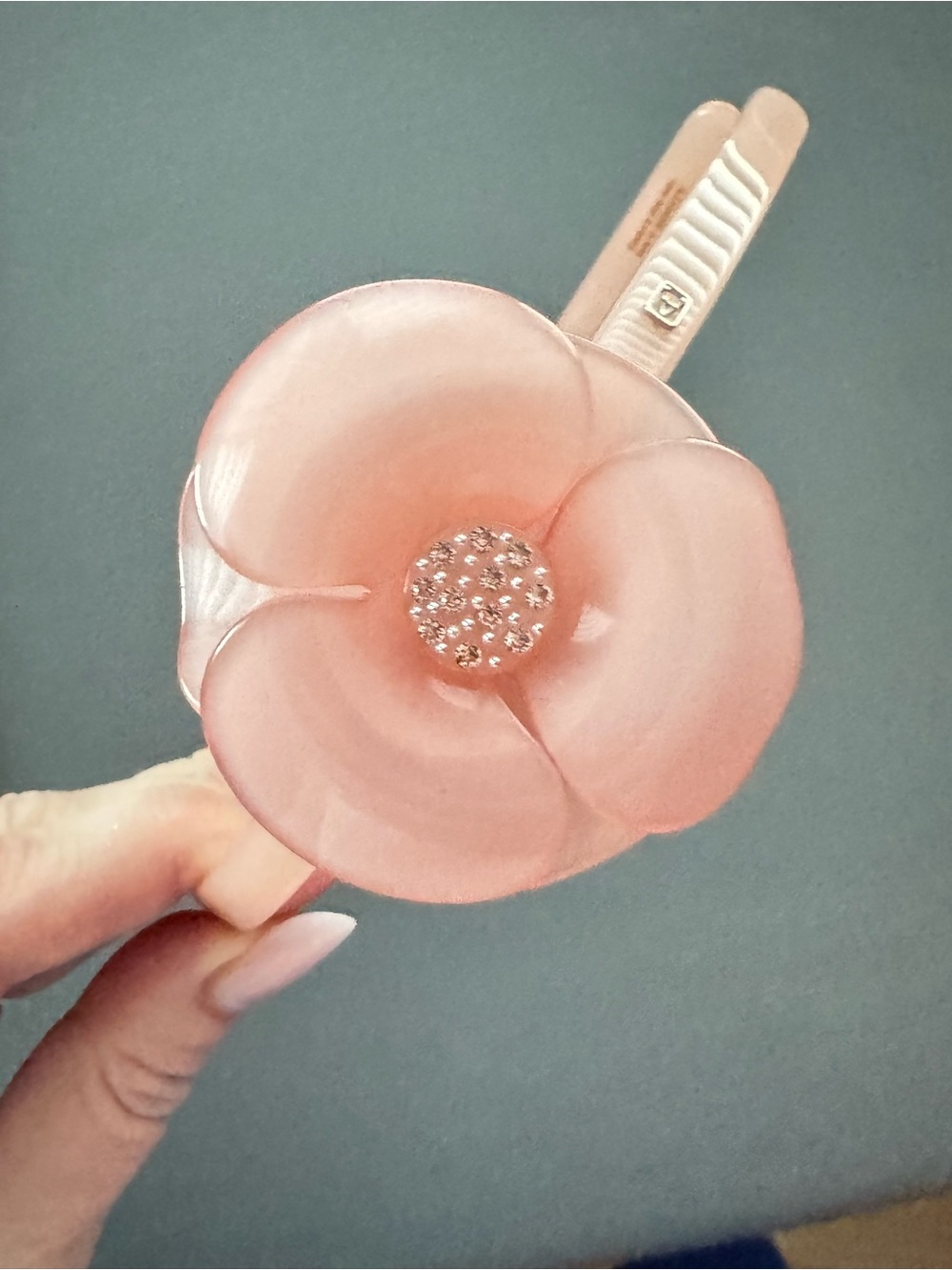 Alexandre de Paris Pink Camellia acetate Flower Headband with dust bag.